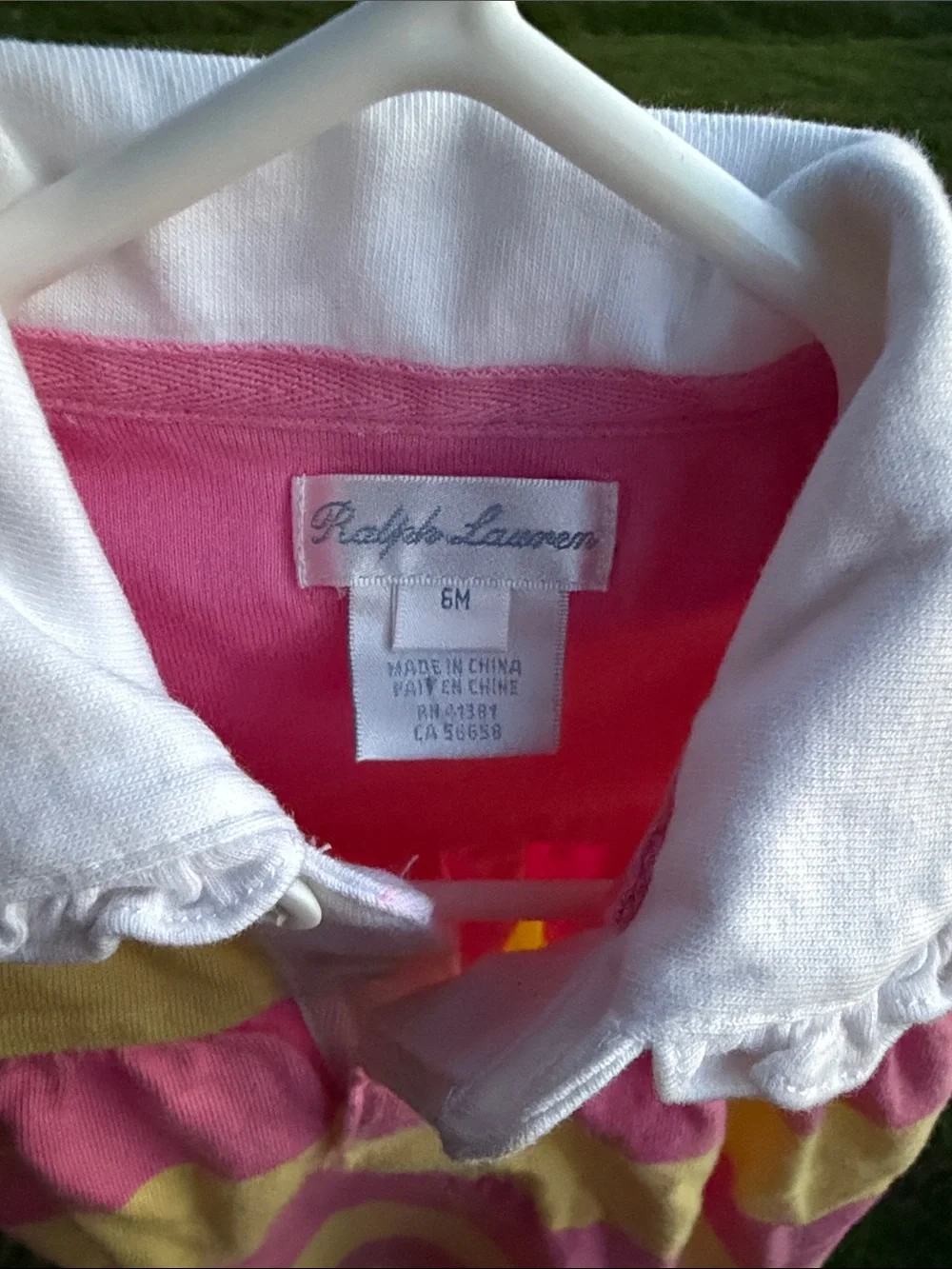 Ralph Lauren Pink and Yellow Striped Baby Romper with Lace Collar